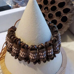 90s Y2K Vintage Brown Wood Acrylic Rondelle Beads OSFA Adjustable Bracelet